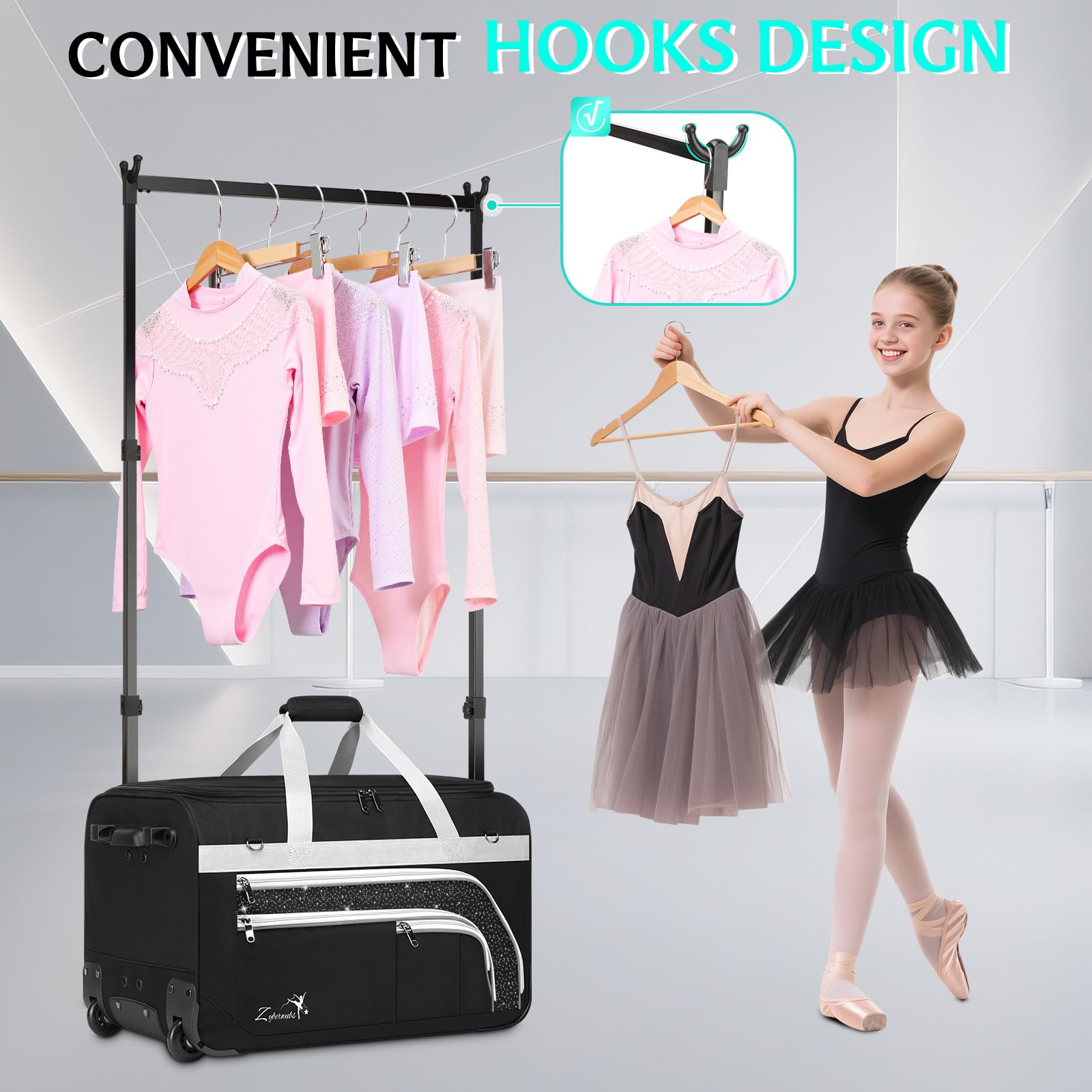 Borsa da ballo con appendiabiti, grande borsa da ballo con ruote, per ballerine, ragazze, donne, pieghevole, borsa da viaggio per danza, Grigio-23" Senza Tende, alla moda