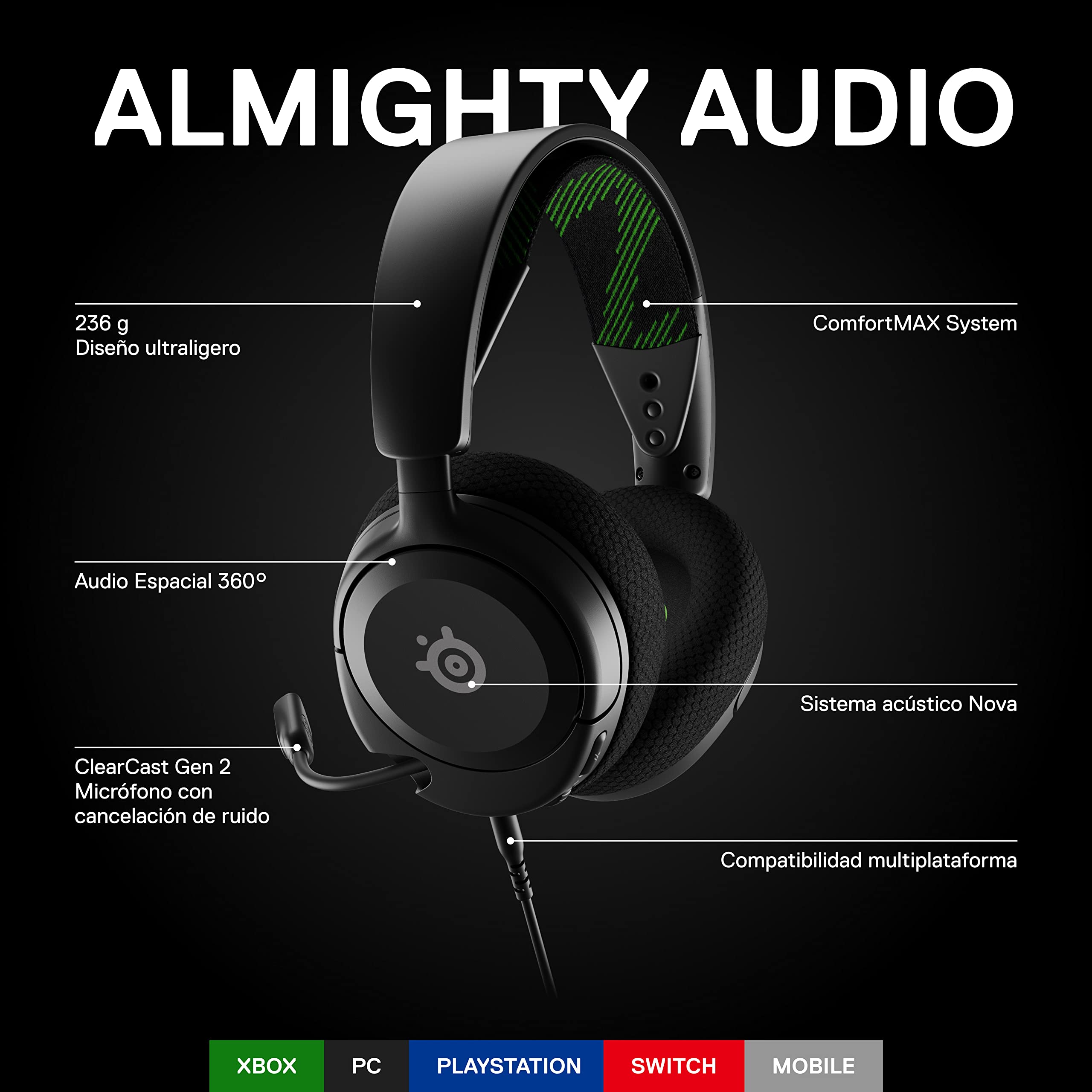 SteelSeries Arctis Nova 1X - Cascos Xbox Con Cable y Multisistema - Controladores Hi-Fi - Audio espacial 360° - Almohadillas de espuma con memoria - Ultraligeros - Xbox, PS5, PS4, PC
