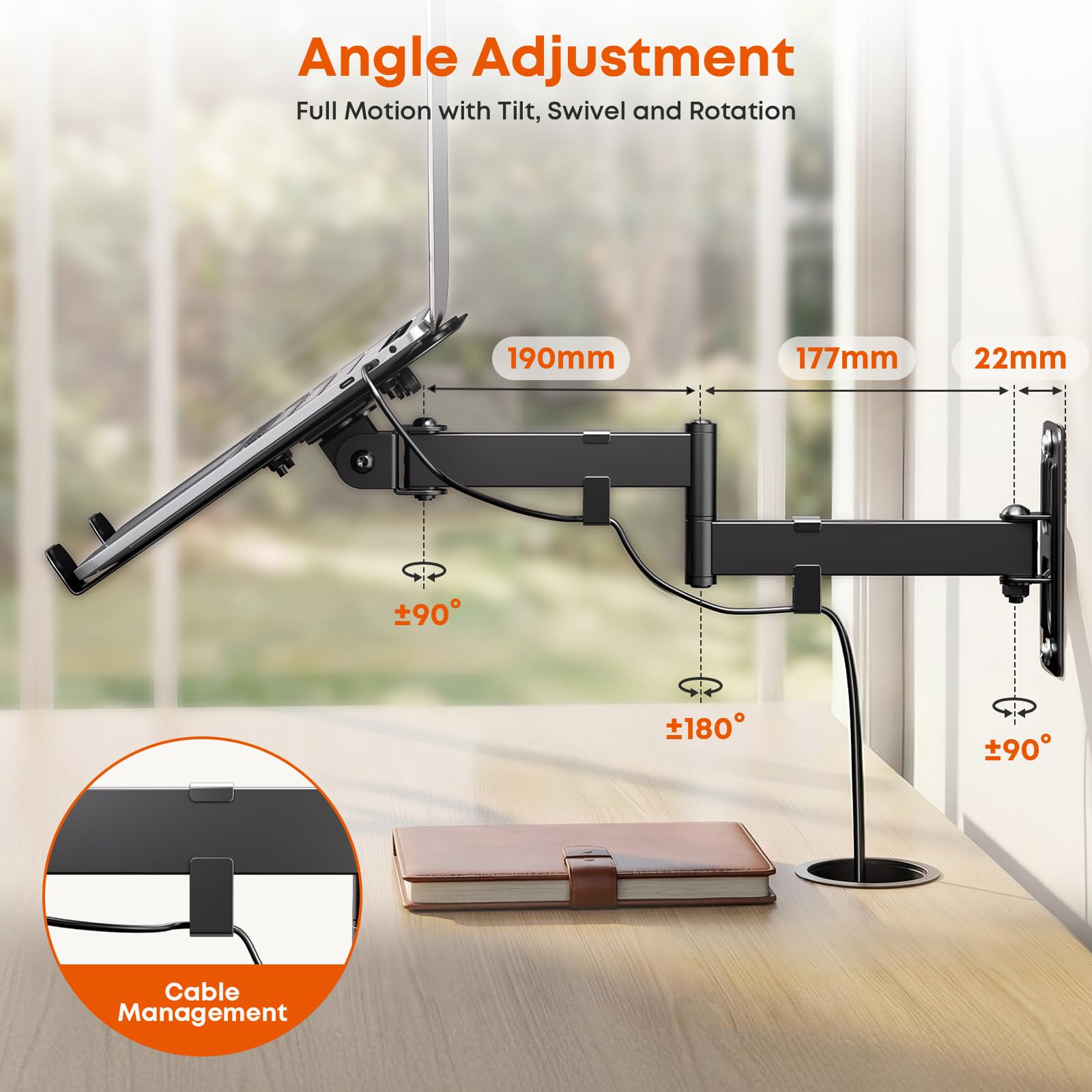Support Mural pour Ordinateur Portable & Tablette, Capacité 5 KG, Bras en Métal 300x250 mm, Compatible PC 12-17″ & Tablette 10-13″, Norme VESA 75/100 mm, pour Bureau Maison & Cuisine