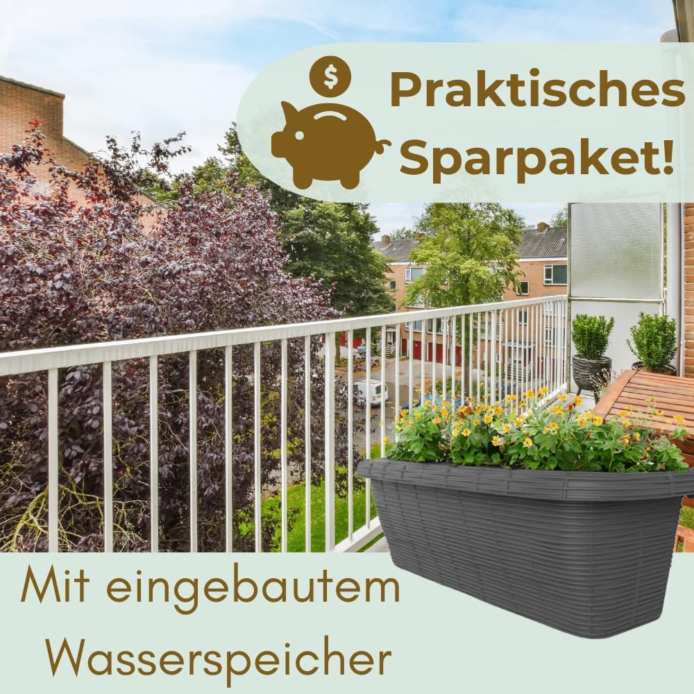 GarPet 4er Set Blumenkasten Balkongeländer Balkon Blumenkasten Balkonkasten mit Halterung Geländerkasten mit Wasserspeicher Rattan Optik Anthrazit 60 cm