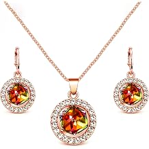 Uloveido Women's Rose Gold Plated Square Cube Crystal Necklace and Stud Earrings Set Wedding Party Jewelry Set for Girl Y453 Red, Blue