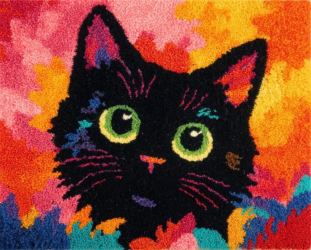 Kitquiver Latch Hook Rug Kits for Adults Beginners Cartoon Black Cat DIY Craft Doormat Rug Making Kit Tapestry Cushion Knitting Patterns Printed Mesh Mat Canvas Wool Yarn Fabric Gift Women 39X55In