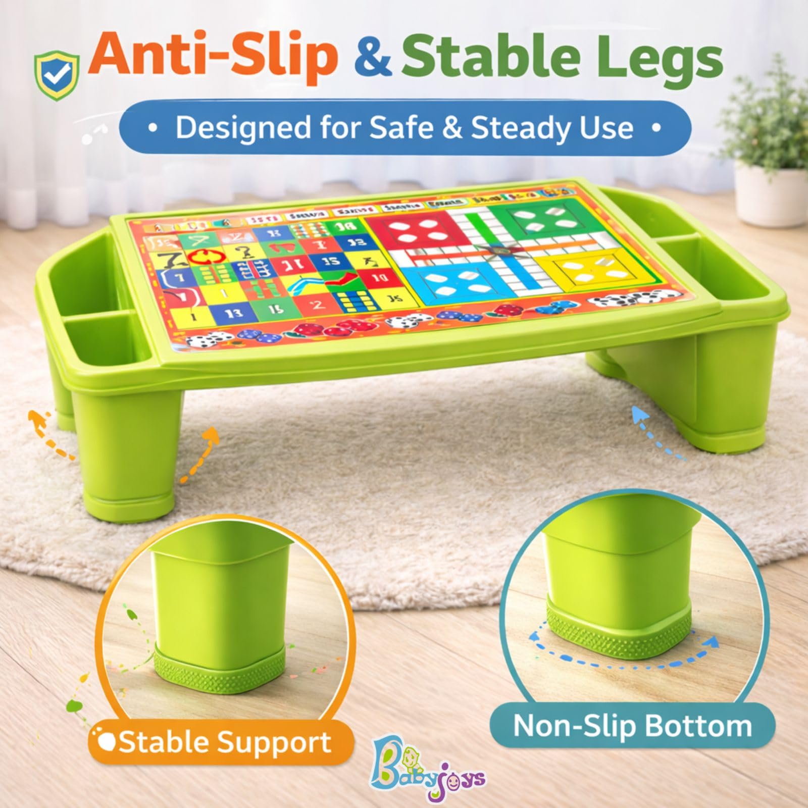Babyjoys Multipurpose Plastic Kids Table with Side Storage β Bed Table for Eating, Study, Art & Craft, Games & Drawing (Green) 1