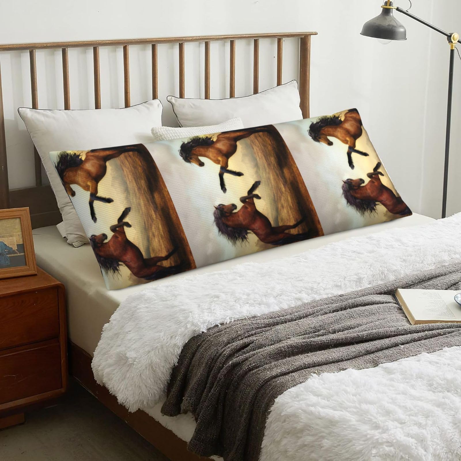 Jumping Horse Printed, Body Pillow Cover with Zipper,Long Body Pillowcase 20 x 60 in