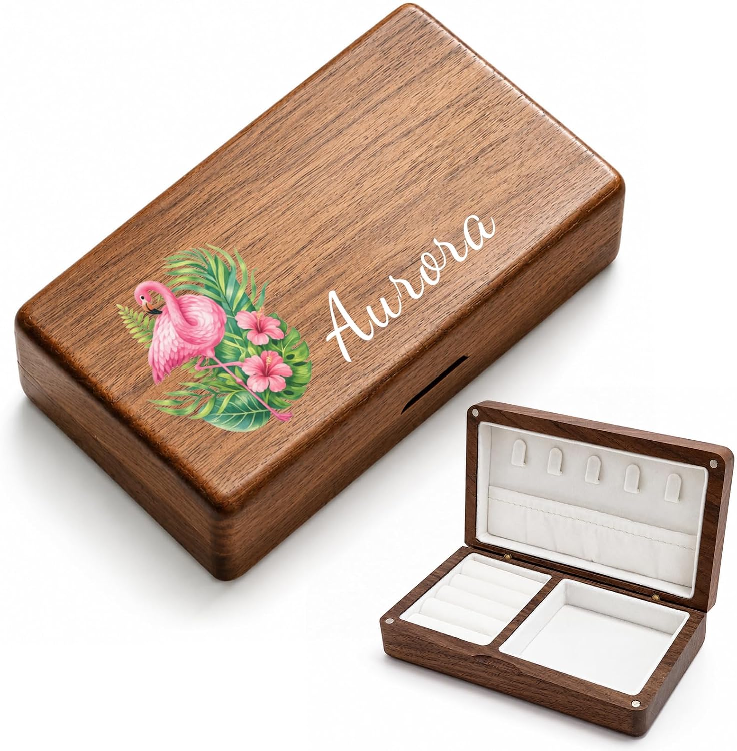 Personalized Flamingo Wooden Jewelry Box with Custom Name For Women