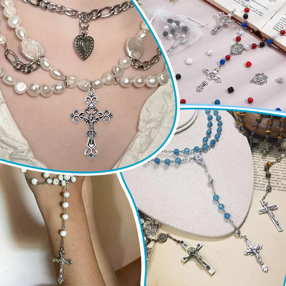 PH PandaHall 10 Sets(20 Pcs) Easter Rosary Cross And Center Miraculous Medal With Alloy Crucifix Cross Pendants And Oval Picture Links For Rosary Necklace Bracelet Making Easter Party Favor