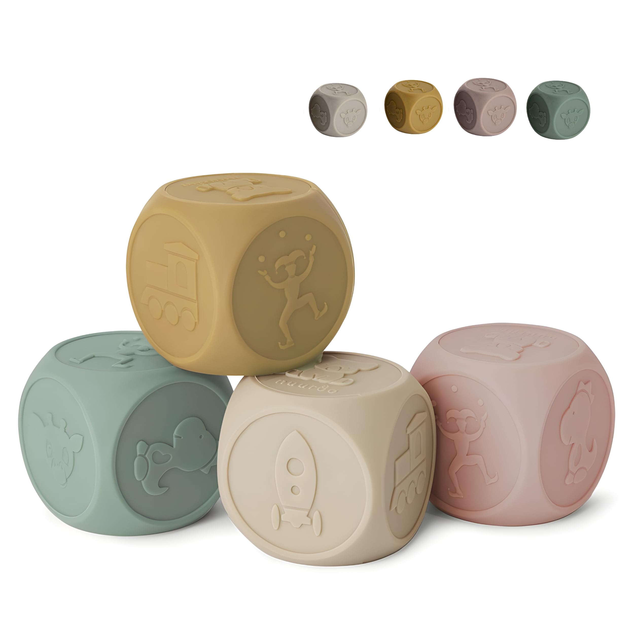 Nuuroo Silicone Dice Toy Set โ 4 Pack Soft Silicone Baby Dice, BPA-Free & FDA Approved, Sensory & Educational Toy for Babies and Toddlers, Designed in Denmark (Multi mix - Dice) โ image 1