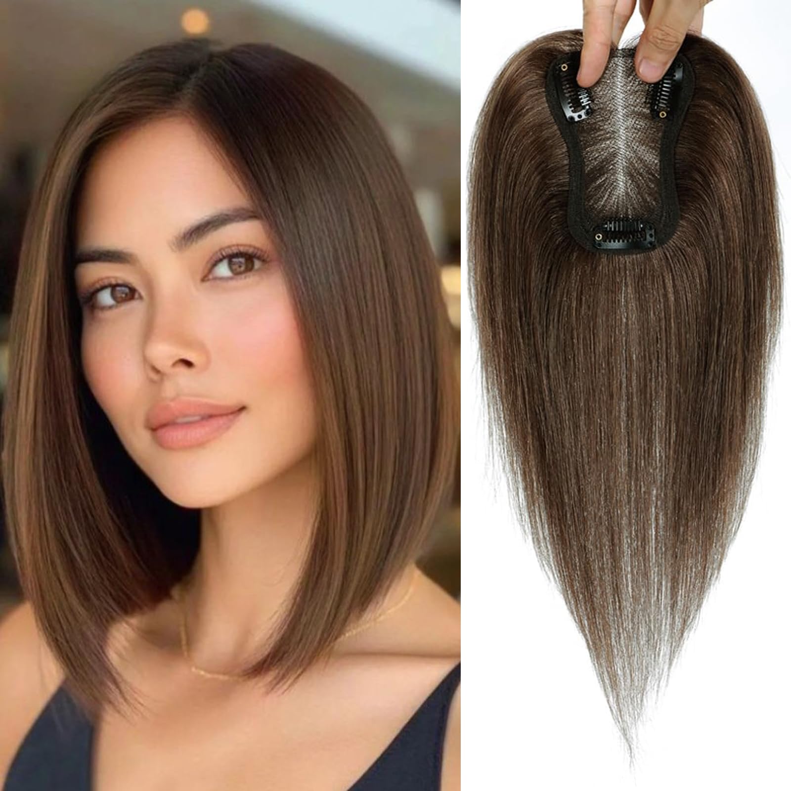 Remy Hair Toppers for Women with Thinning Hair - 100% Human Hair Clip-Ons Medium Brown (10inch, HL-4#)