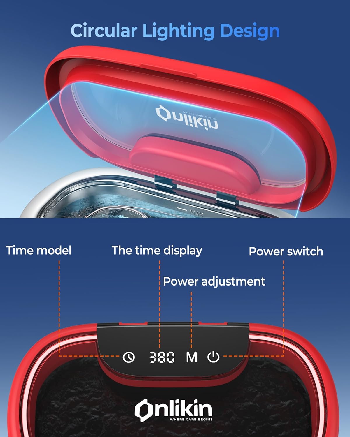 45KHz Ultrasonic Jewelry Cleaner, 5 Timer & 3 Power Modes, 35W Retainer Cleaner for Jewelry, Eyeglasses, Rings, Watch Strap, Dentures - Quiet <38dB, 20oz, 304 Stainless Steel (Red)