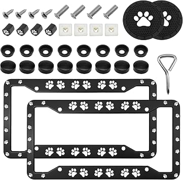 2 Pieces Paw Print License Plate - Pet License Plate Frames Paw Print Rust-Proof Waterproof Car Decorations Accessories- A Personalized Nice Gift for Standard US 12x6 Inch Black Frame