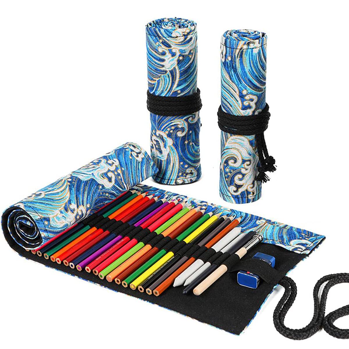 Misgirlot Pencil Roll Wrap,Drawing Coloring Canvas Pencil Roll 36/48/72 Slots Artist Pencil Wrap (Pencils Are NOT Included) Pencils Pouch Case Canvas Stationery(Ocean,72 Slots)