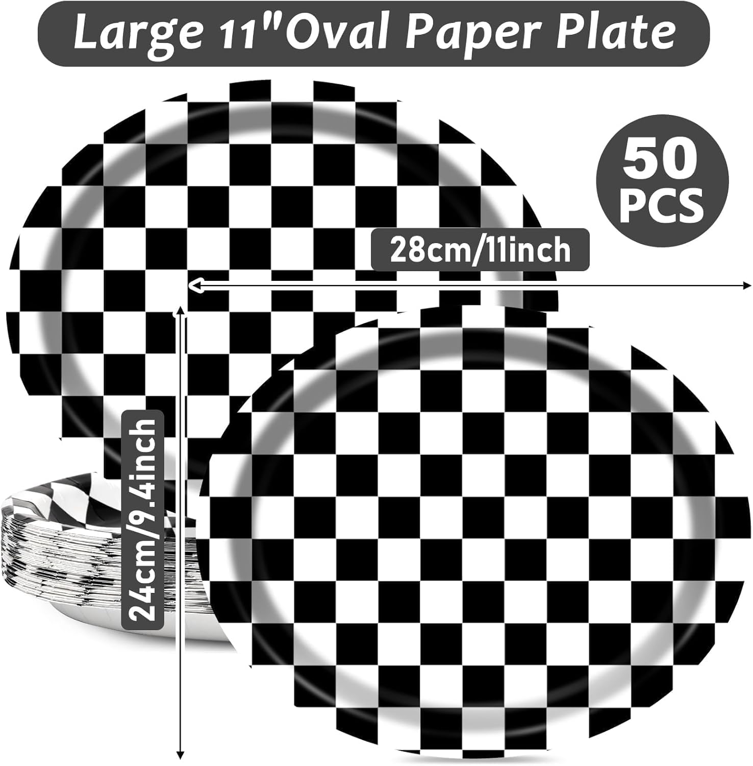 Qyeahkj 50 PCS Black and White Plaid Oval Paper Plates Large 11" Disposable Racing Car Party Decorations Black Checkered Supplies Favor for BBQ Picnic Birthday Party Tableware Set - Image 2