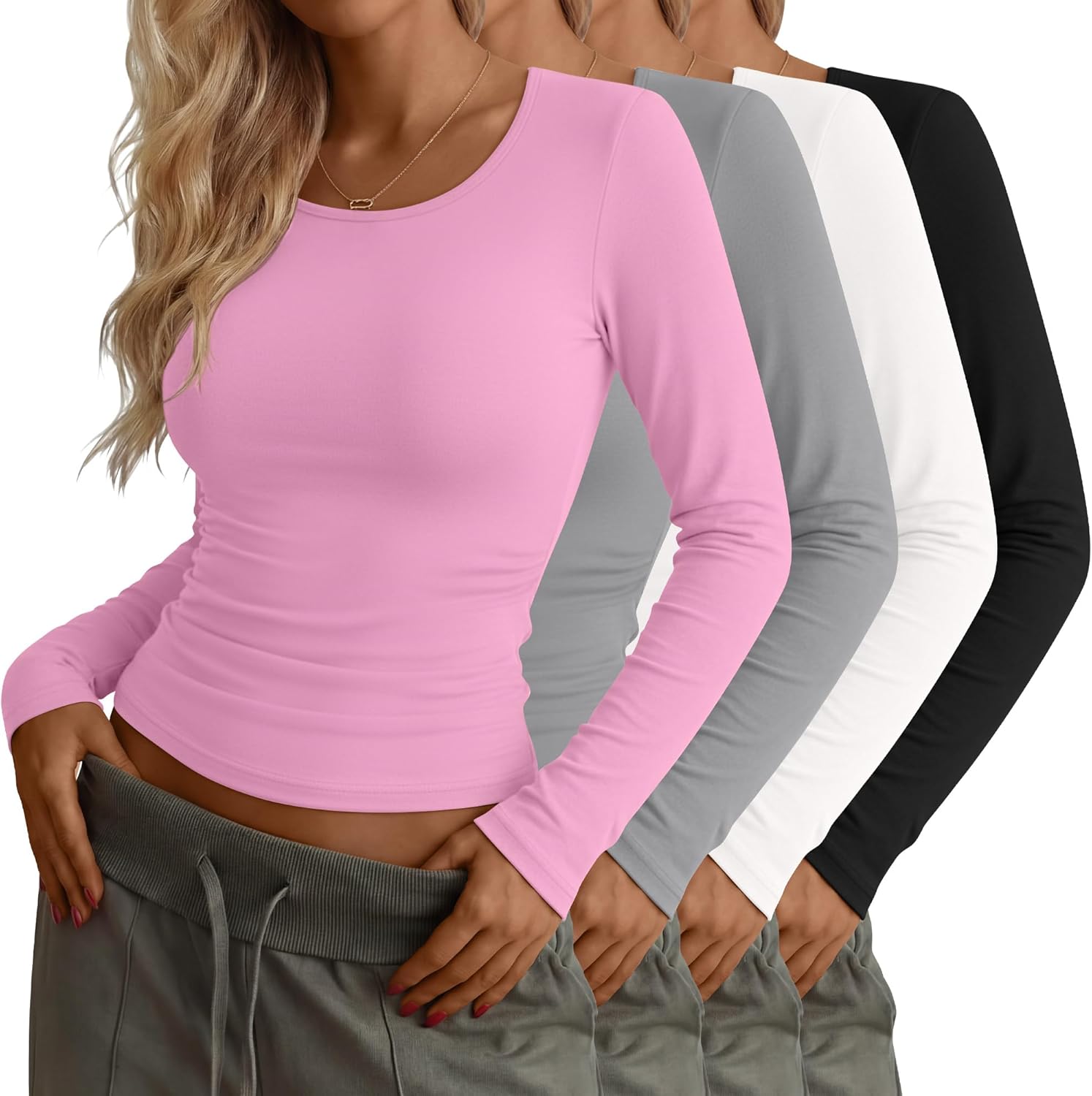 Neer 4 Pack Women's Long Sleeve Shirts Scoop Neck Slim Fit Tops Stretchy Base Layer Tee Casual Undershirt Fall
