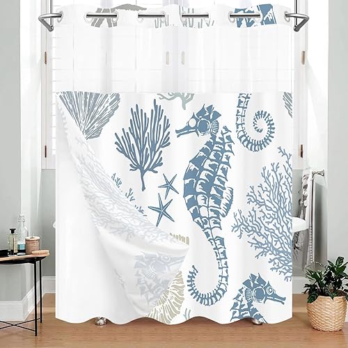 Miniatura 2 de Nautical Beach - Cortina de ducha sin gancho con forro a presión, cortina de ducha costera con forro de estrellas de mar, conchas marinas, coral con