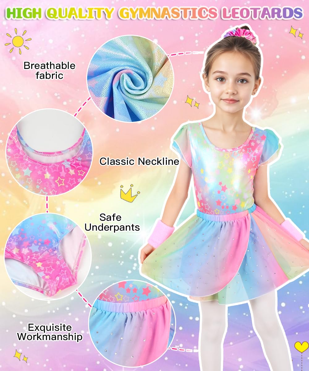 Maillot Gimnasia Rítmica Niña Conjunto 5 Piezas Sin Mangas Falda Cinta Cabello Muñequeras Ballet 4-9 Años