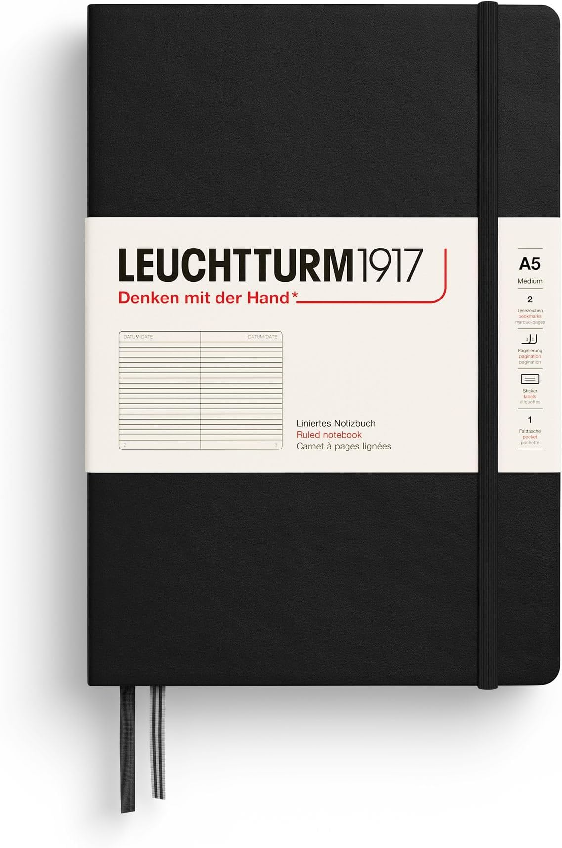 LEUCHTTURM1917 - Notebook Hardcover Medium A5-251 Numbered Pages for Writing and Journaling (Black, Ruled)