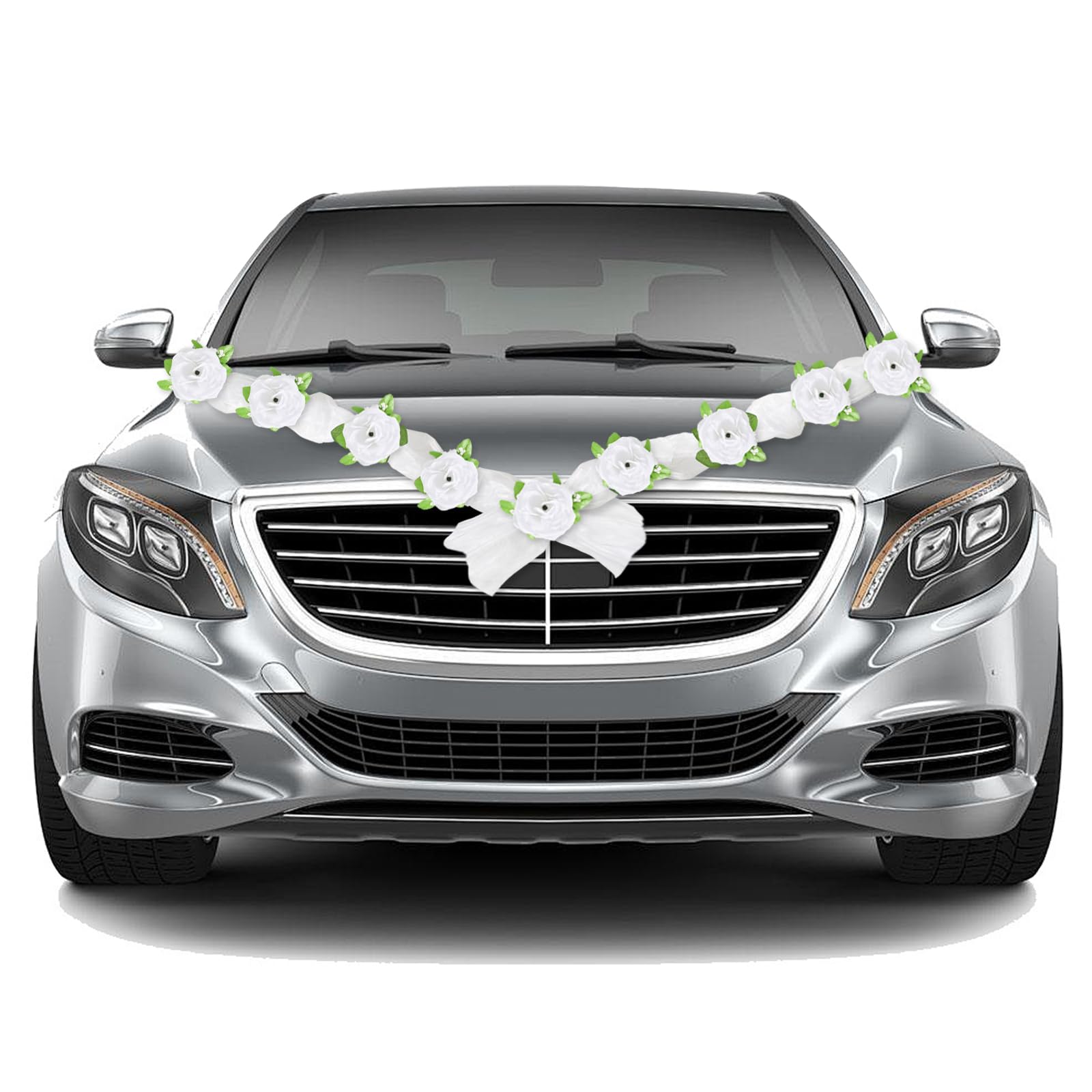 DEARBAG Decoraciones de Flores de Boda, 9 Flores Artificiales Blancas y 360cm Cinta Blanca de Boda para Coche, Kit de Decoración de Coche de Boda, Decoración de Coche de Boda