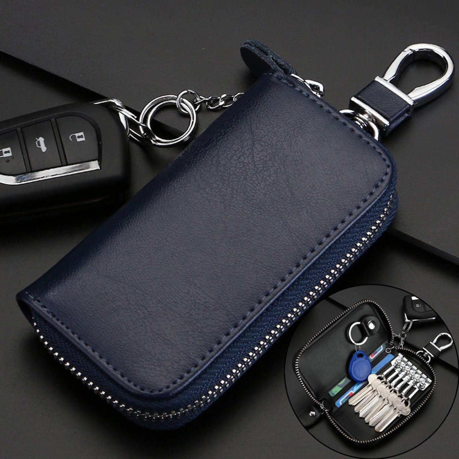Etuis Porte-Clé Cuir, Pochette Porte Cles Cuir avec 6 crochet Clip,Pochette Porte Clef Cuir Porte-Clé Voiture Porte-monnaie Sac à poche Multifonctionnel
