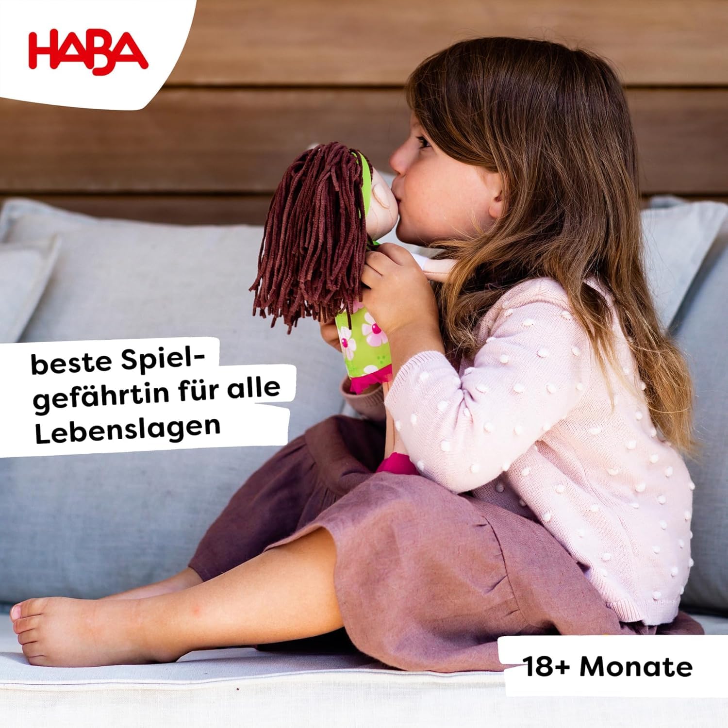 HABA Kuschelpuppe Coco – Weiche Stoffpuppe 30 cm, ideal für Mädchen und Jungen, waschbar und leicht an- und auszuziehen, ab 1,5 Jahren – 1303666001