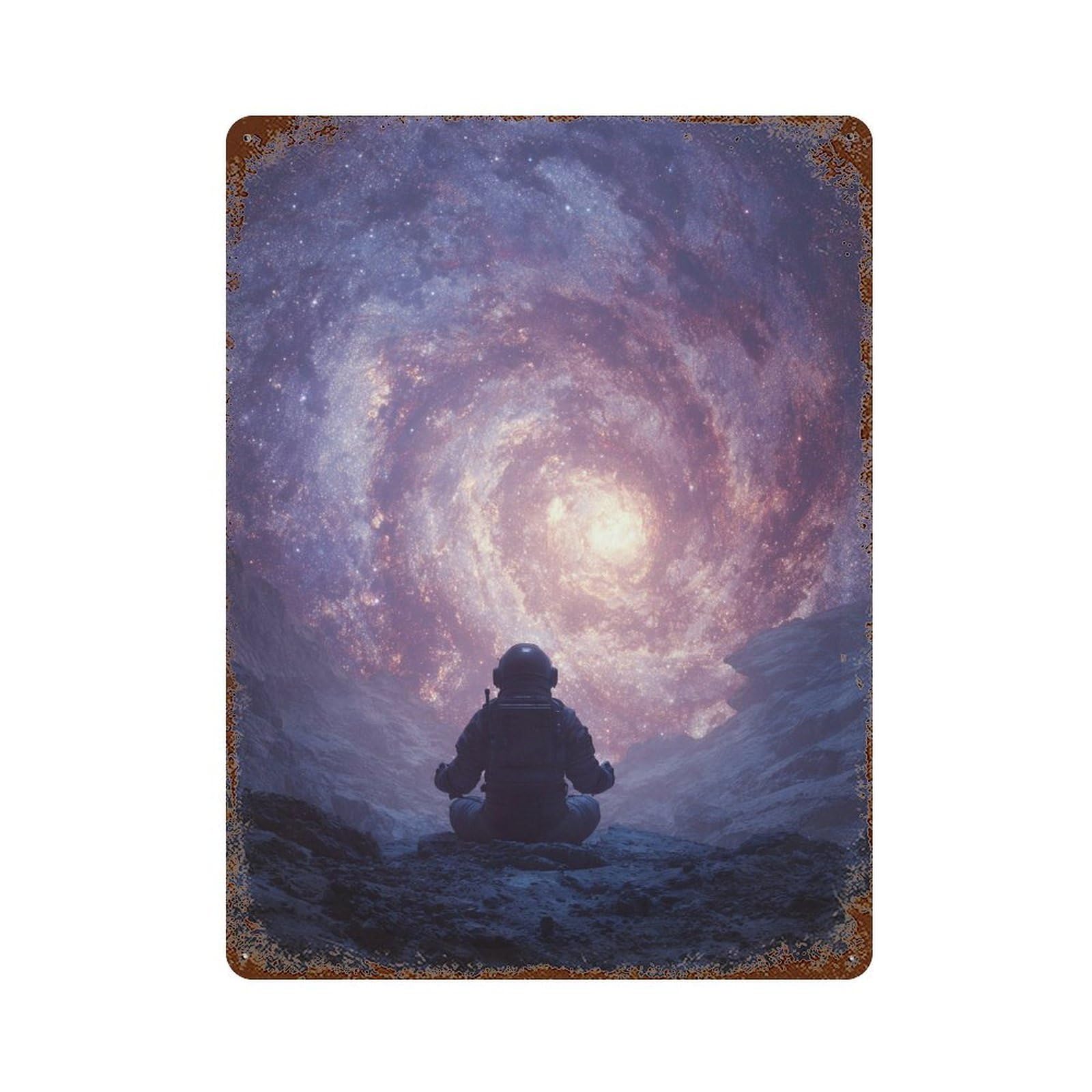 Garage Style Space Astronaut Meditation Aged Metal Wall Plaque 15.7"x11.8", Old School Wall Decor for Bar And Workshop