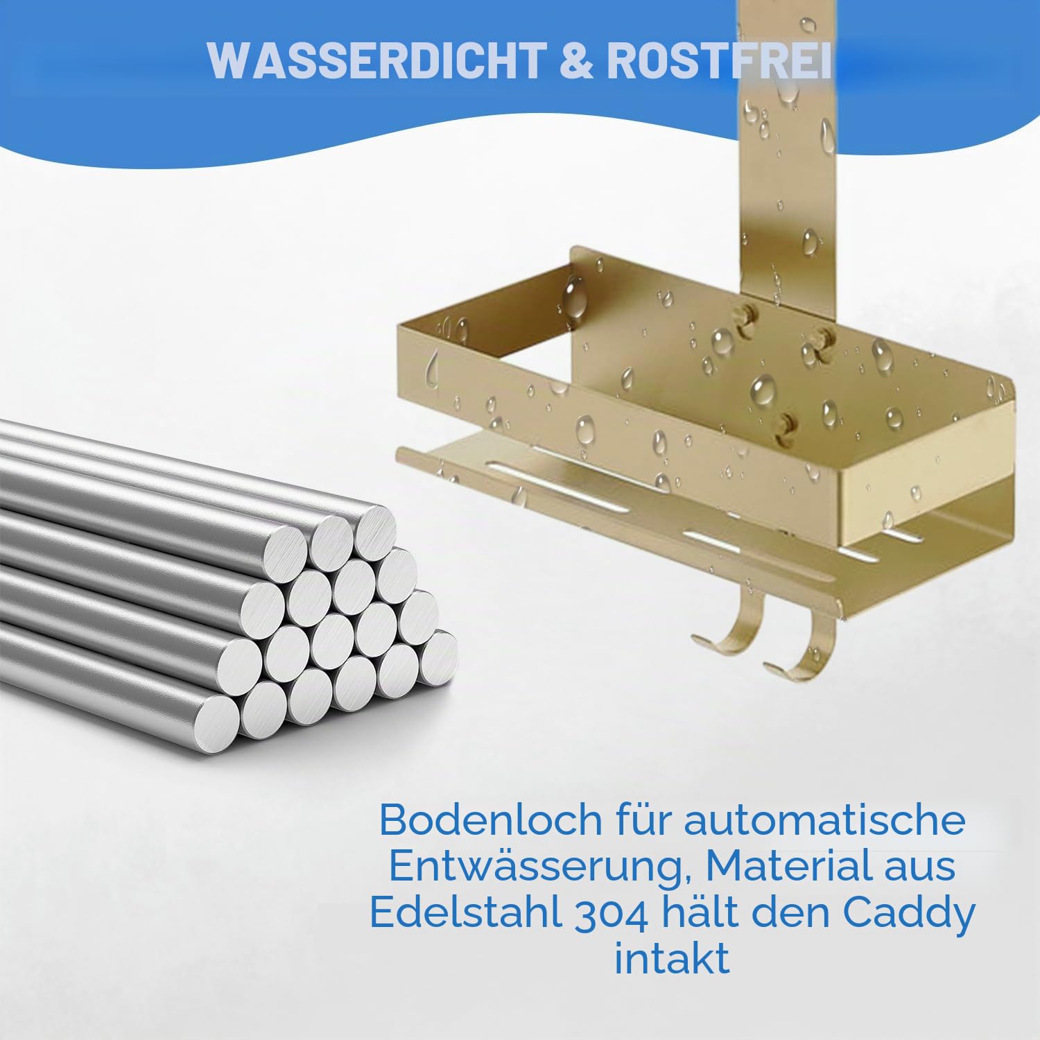 Duschablage zum Hängen Gold, Duschablage 0hne Bohren aus Edelstahl SUS304, Shampoo Duschgel Halterung für Dusche