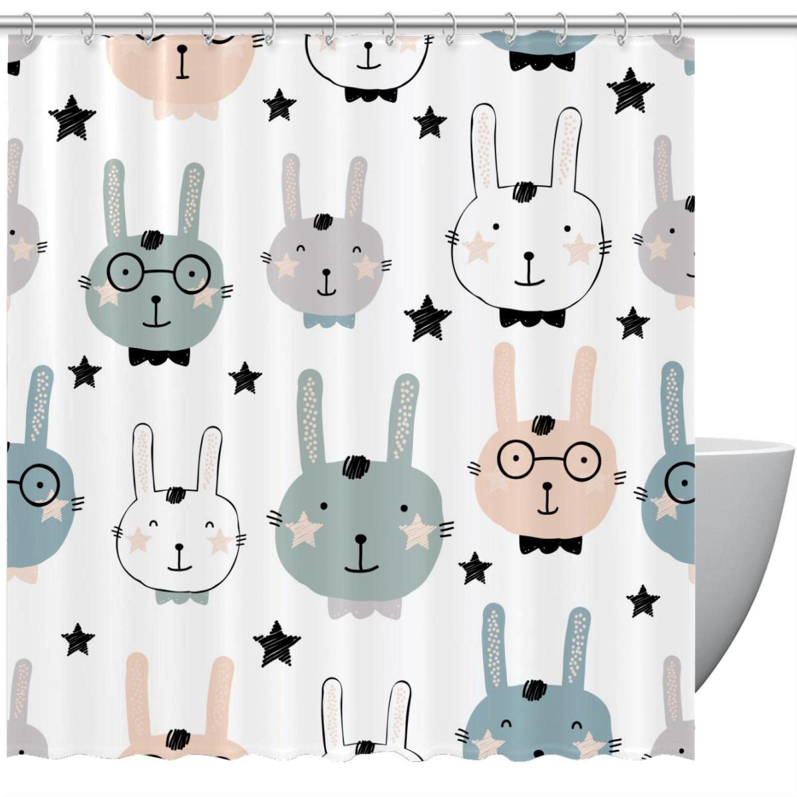 Rideau de douche lapin avec 12 crochets inclus en textile sans odeur