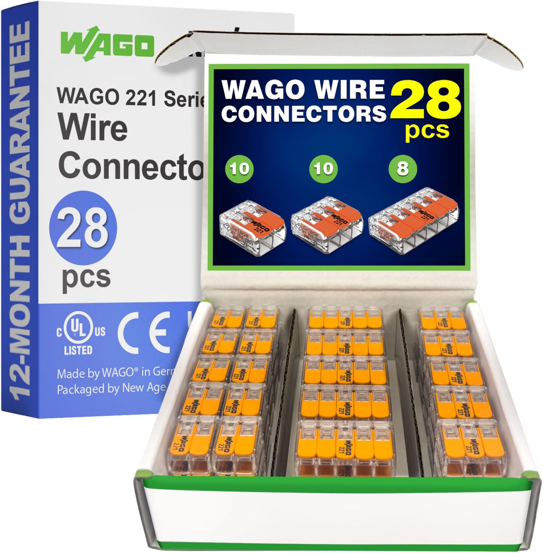 WAGO 221 Series 28pc Compact Splicing Wire Connectors | Includes (10x 221-412) (10x 221-413) (8X 221-415) | WAGO Wire Connectors | Electrical Splicing Lever Nuts | 221 Series Lever Nuts | 2-3-5 Ports