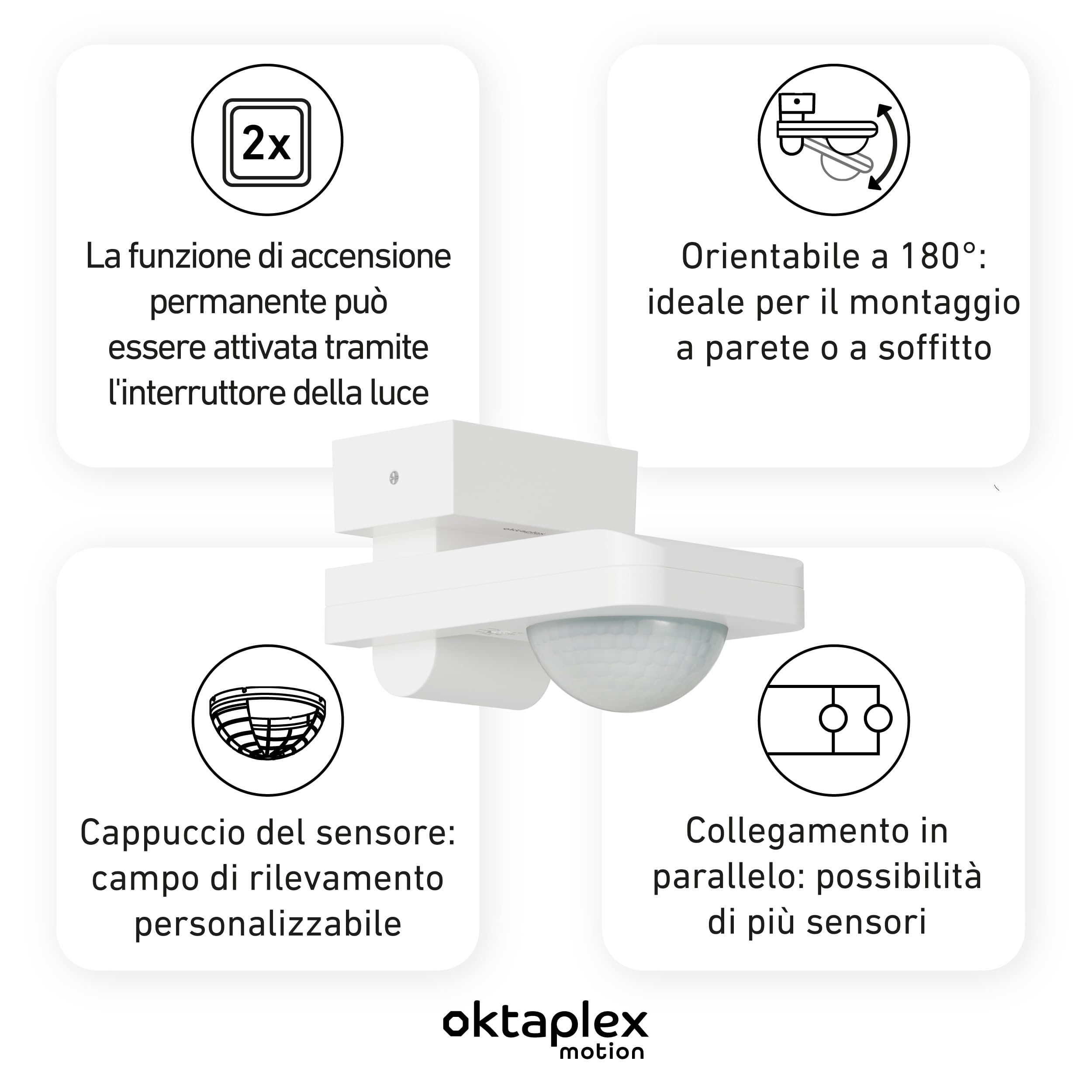 Oktaplex Tea set da 2 sensori di movimento per esterni Bianco 9 m | Sensore di movimento da superficie orientabile 360 ​​gradi 9 m IP65 230 V per soffitto e parete