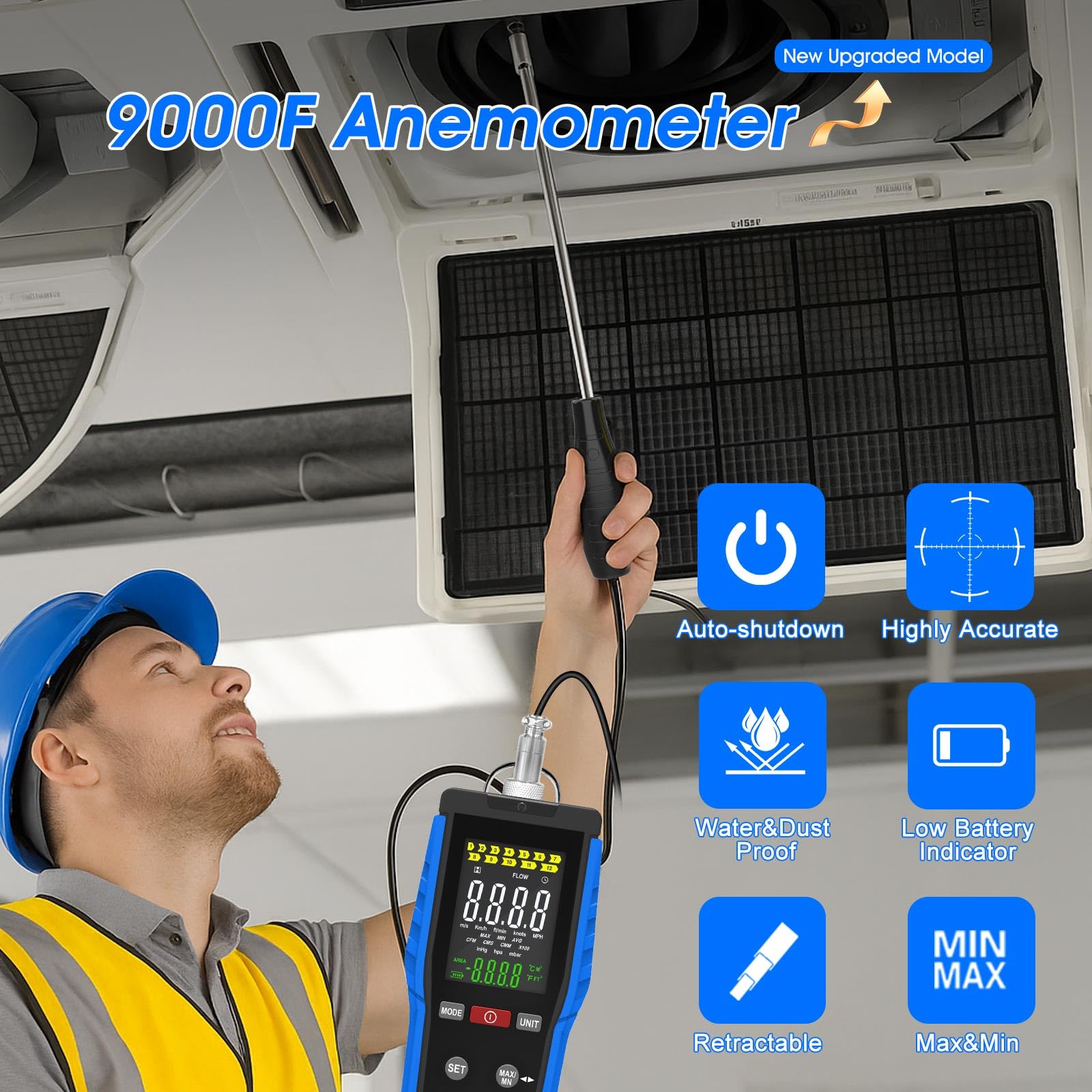 Windmesser, Anemometer für Thermisches Windgeschwindigkeit Messgerät, Temperatur, Volumen, 0.1-30M/s Windmessgerät, 0-999900ft3/min Windmesser, Max/Min/Data Hold