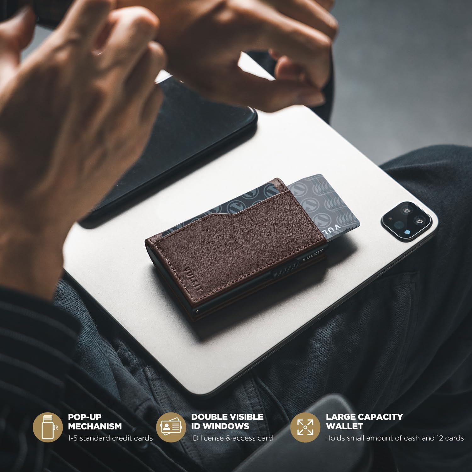 VULKIT Card Holder Wallet with Double ID Windows RFID Blocking Pop Up Wallet Minimalist Design for 12 Cards - Image 3