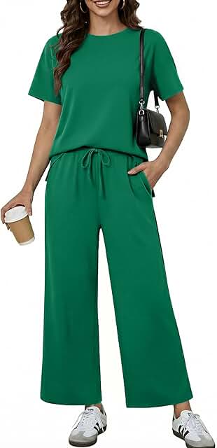 PINSPARK Soft 2 Piece Sets for Women Short Sleeve Matching Lounge Set Wi...