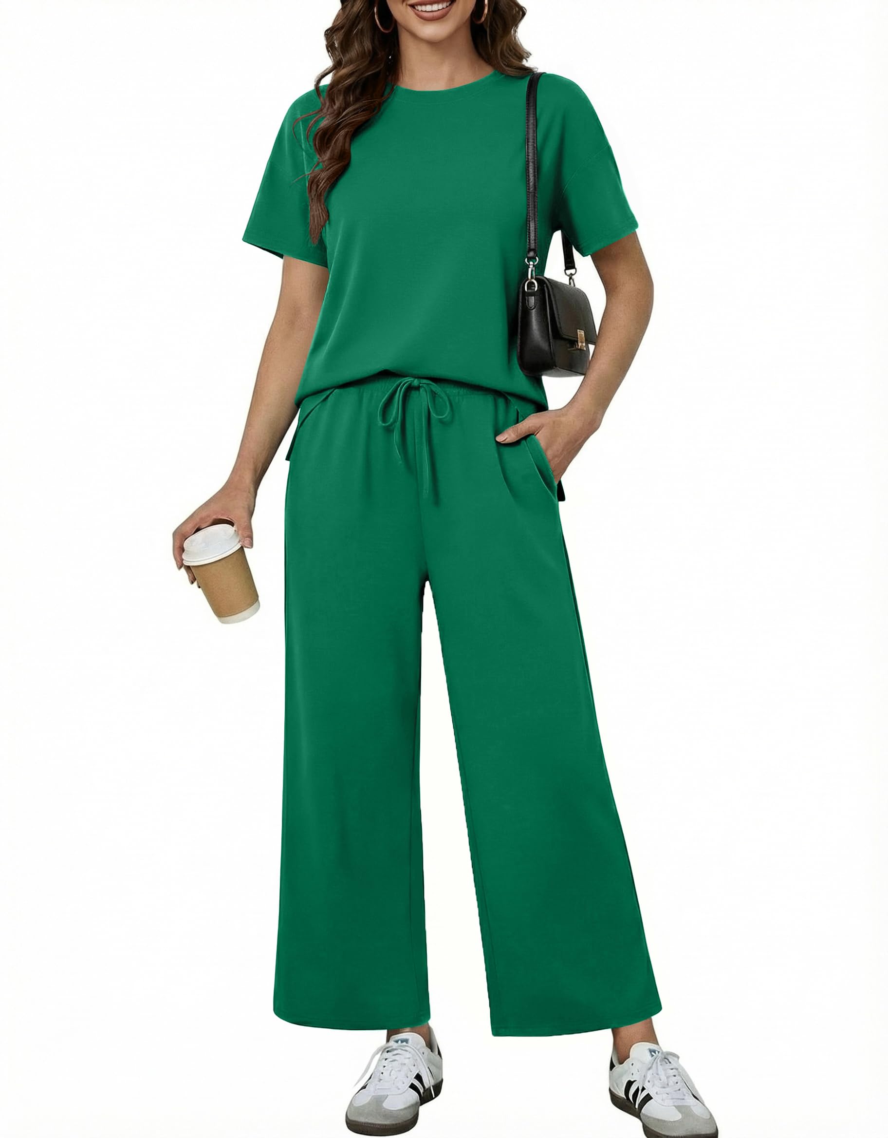 PINSPARK Soft 2 Piece Sets for Women Short Sleeve Matching Lounge Set Wide Leg Pants Tracksuit Travel Summer Outfits 2026