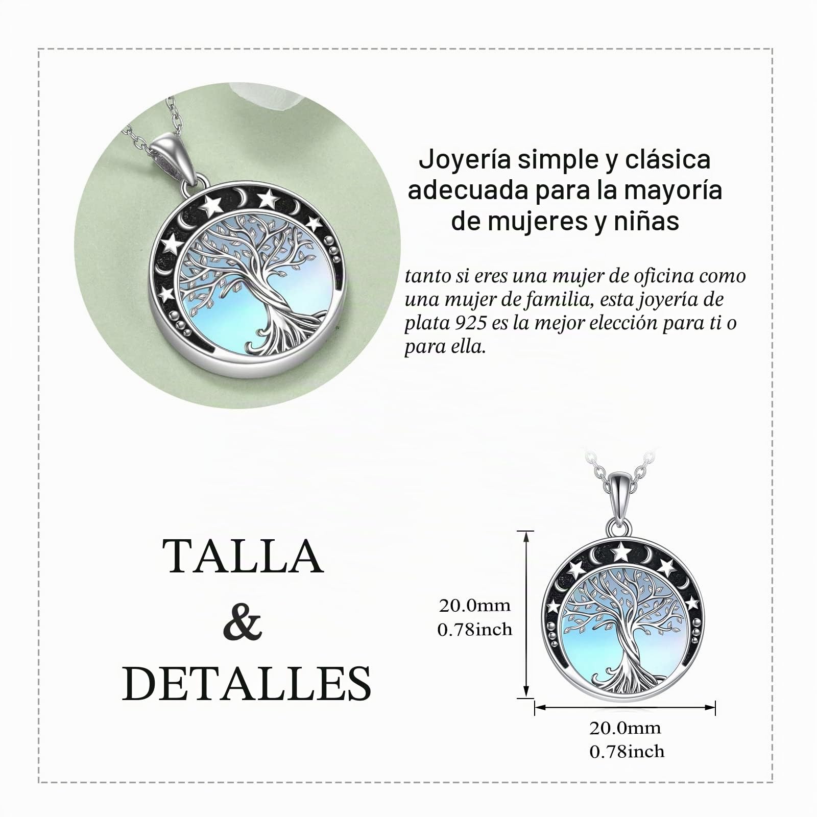 YAFEINI Collar del árbol de la Vida 925 plata Esterlina Piedra Lunar Celta Irlandesa Nudo Lunar Collar Colgante Joyería Regalo