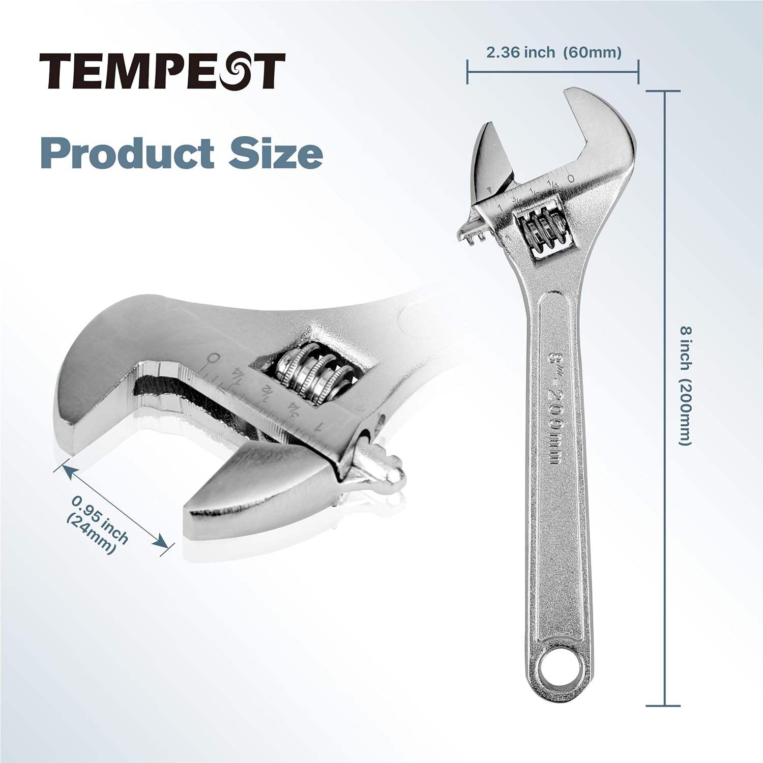 Tempest 8 Inch Adjustable Wrench, Heavy Duty Carbon Steel with Deep-Engraved SAE & Metric Scales for Plumbing, Auto Repair & DIY
