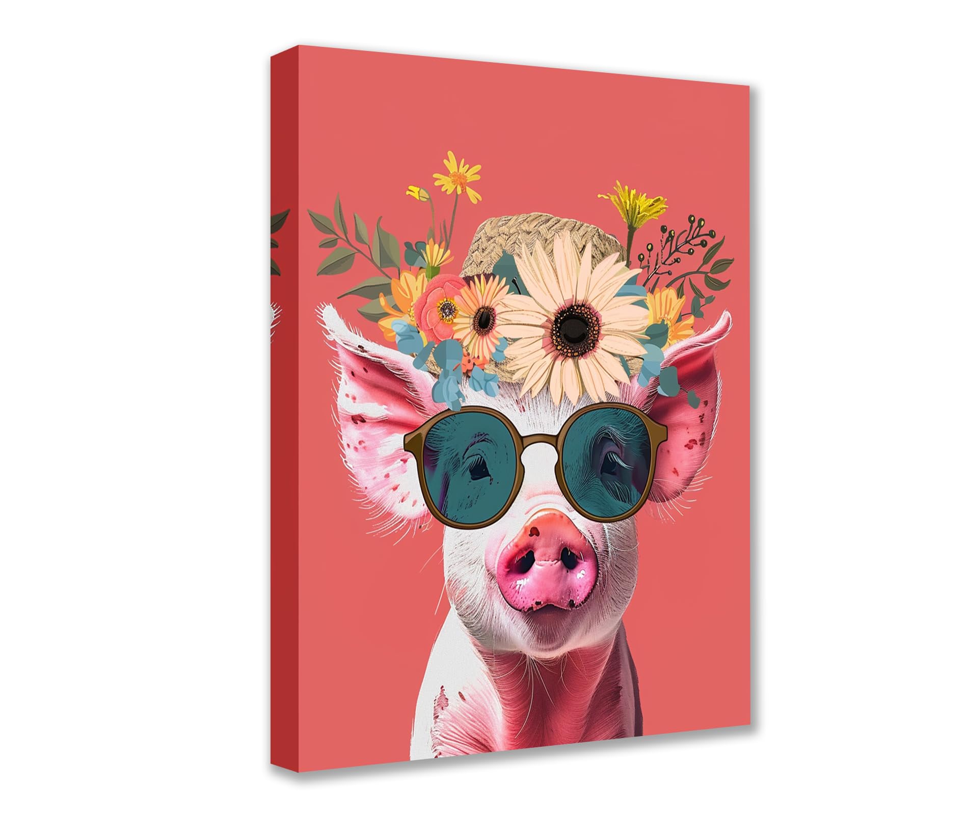 Animal Wear Flowers Hat Poster Prints Artwork Pig with Cute Sunglass and Straw Hat 1P Canvas Room Wall Creative Pictures Home Decor for Living Room Framed Gallery-Wrapped Ready to Hang 16x24inch