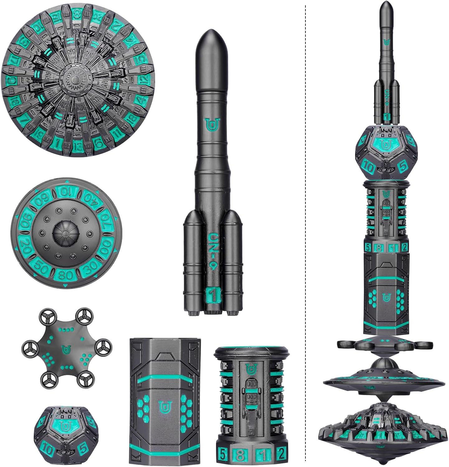 Unique Pioneer Dice Zinc Alloy Metal Dice Set 7pcs DND Dice Mars Planet Theme Polyhedral RPG Dice Set for Dungeons and Dragons Tabletop GamingRocket and UFO Design (Dark Gray Blue)