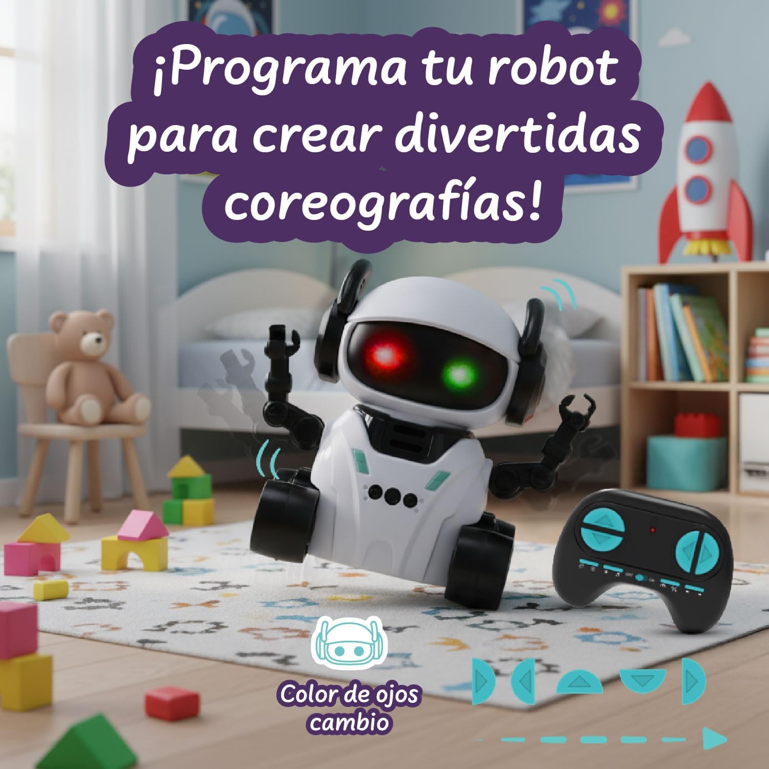 ROMI robot with glowing red and green eyes, surrounded by building blocks, illustrating its programmable movement feature.