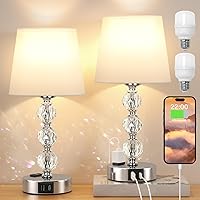 Acaxin Crystal Touch Table Lamps Set of 2, 14.6in Dimmable Bedside Lamps w/ USB Ports & Outlets for Bedroom Living Room (White)