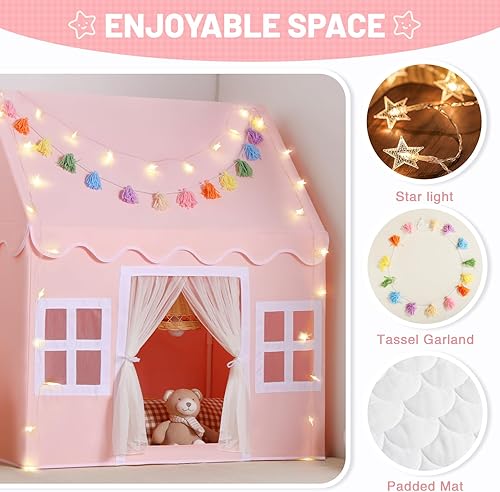 Miniatura 24 de Tienda de campaña para niños en el interior: con alfombra, guirnalda de borlas, luces de estrella, tienda de campaña para niñas pequeñas, casa