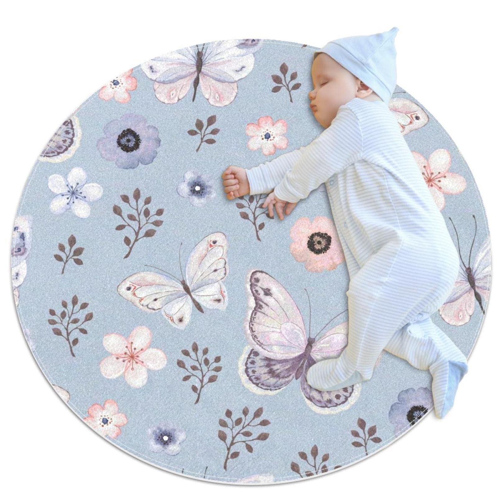Tapis de bain antidérapant motif feuilles et papillons volants, tapis rond de chambre