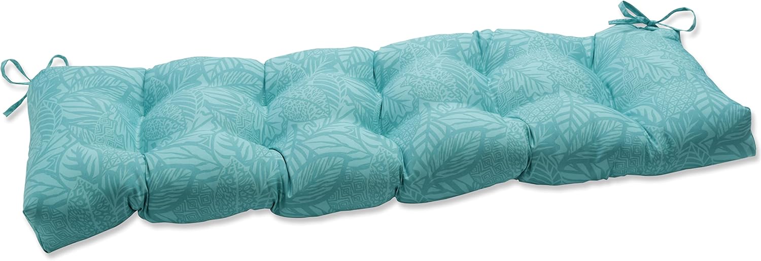 Pillow Perfect Outdoor/Indoor Leaf Block Teal/Citron Tufted Bench/Swing Cushion, 56" x 18", Blue