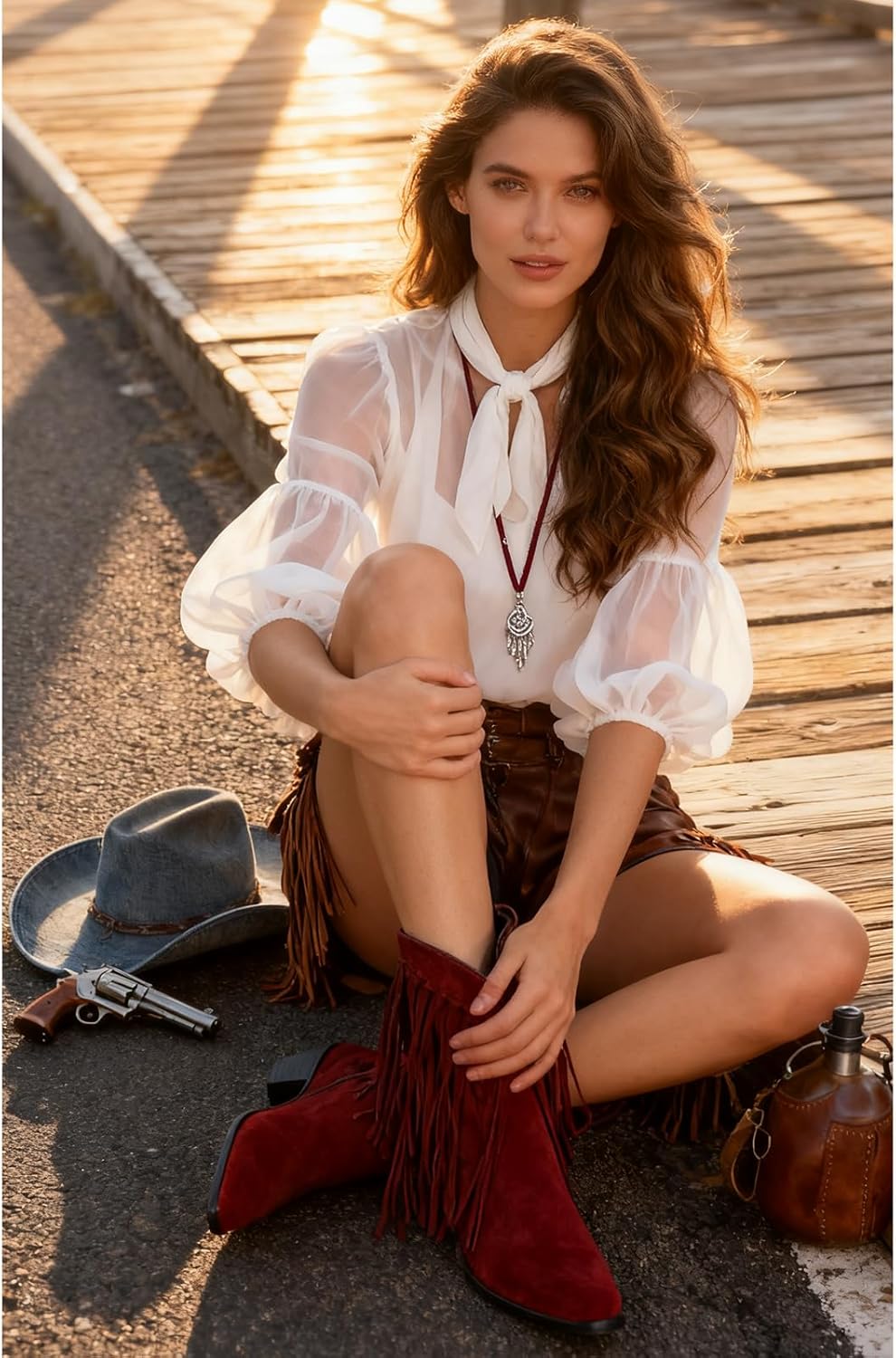 Seborluys Fringe Ankle Cowboy Boots for Women Pull on Fringe Short Cowgirl Booties Western Fringed Tassel Ankle Boots