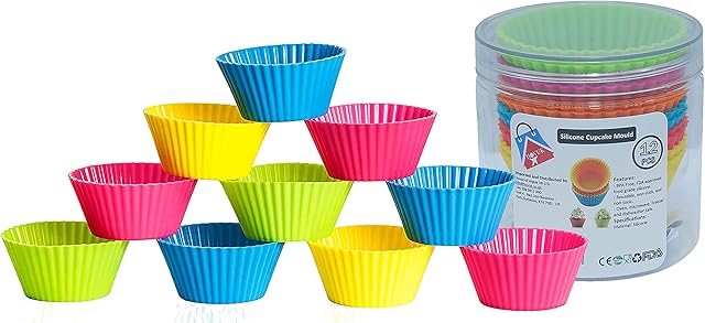 HOVUK® Silicone Muffin Cases in Storage Jar , Cupcake Mould Baking Reusable Cupcake Molds Non-Stick Jelly Cake Mould for Cakes Ice Creams Puddings Jelly (12 x Round)