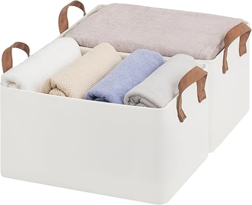 StorageWorks Contenedores de almacenamiento de tela para estantes, canastas con montura de metal y asas para armario, beige, paquete de 2