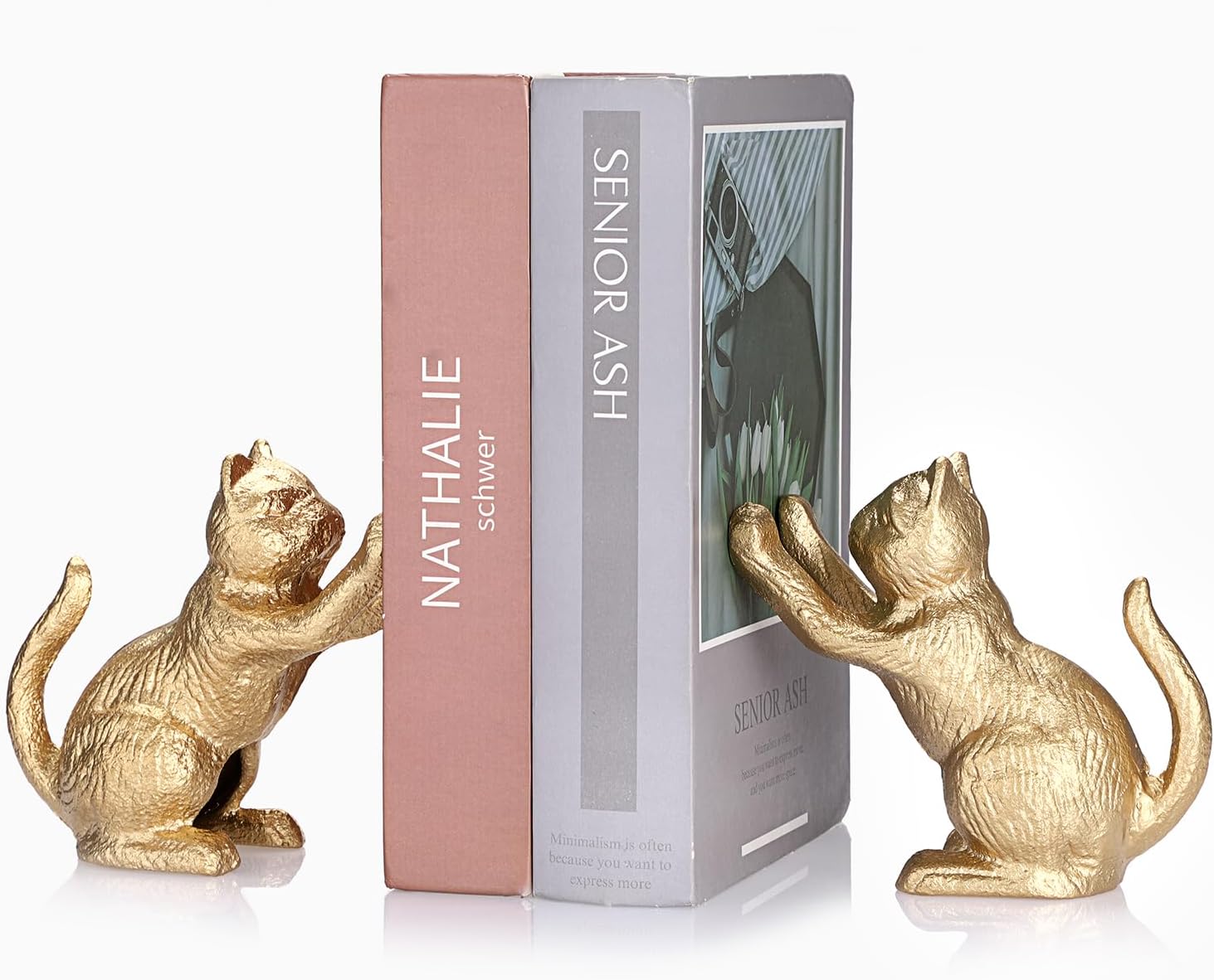 Cat Decorative Bookends for Shelf, Cute Book End Unique Book Ends to Hold Books Heavy Duty for Desk Office, Vintage Antique Gold Home Decor, Shelf Decoration, Modern Living Room Decor