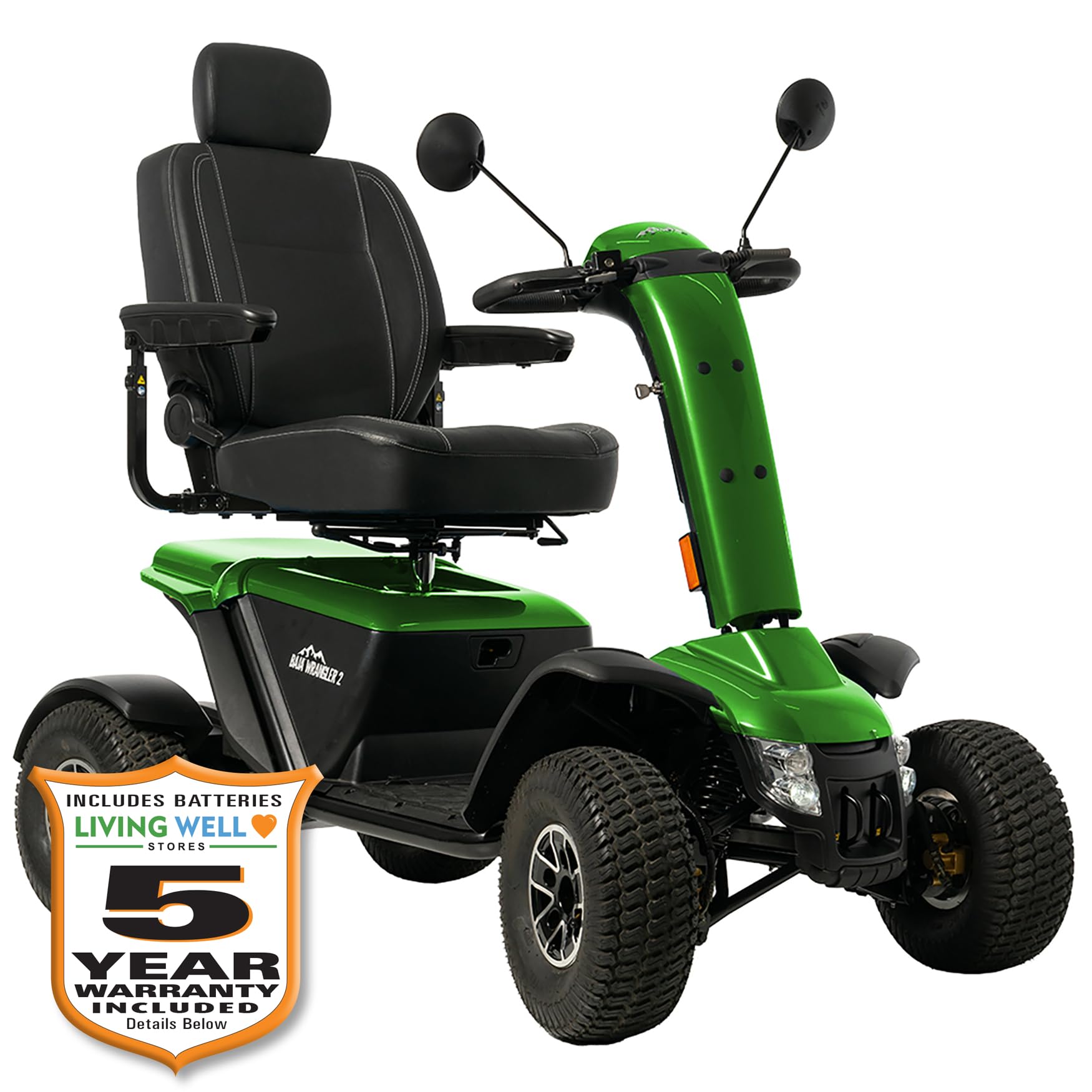 Pride Redesigned Baja Wrangler 2, Heavy Duty Outdoor Mobility Scooter, 450 lbs. Weight Capacity, with 5-Year Extended Warr (Green Machine, 18” x 18-20” Seat, 75 AH Battery)