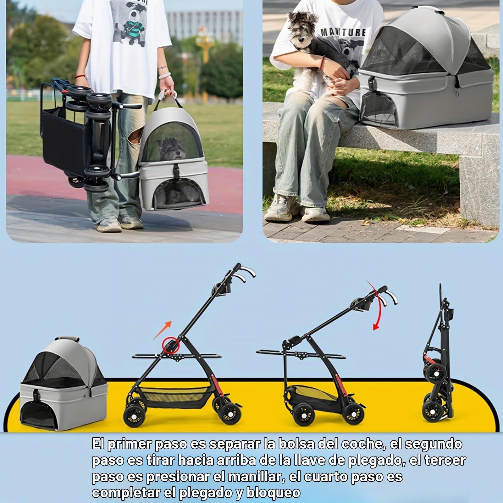 Cochecito para perros 2 en 1 plegable hasta 20 kg, carrito para gatos, carrito plegable con caja de transporte extraíble, carrito para gatos pequeños y gatos, ventana de red, cesta de almacenamiento