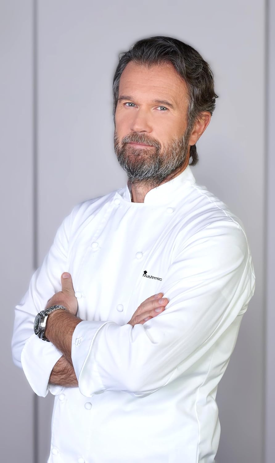 Esploso view della friggitrice ad aria MasterPRO che mostra l'unità principale, il cestello di frittura e la piastra croccante con le dimensioni