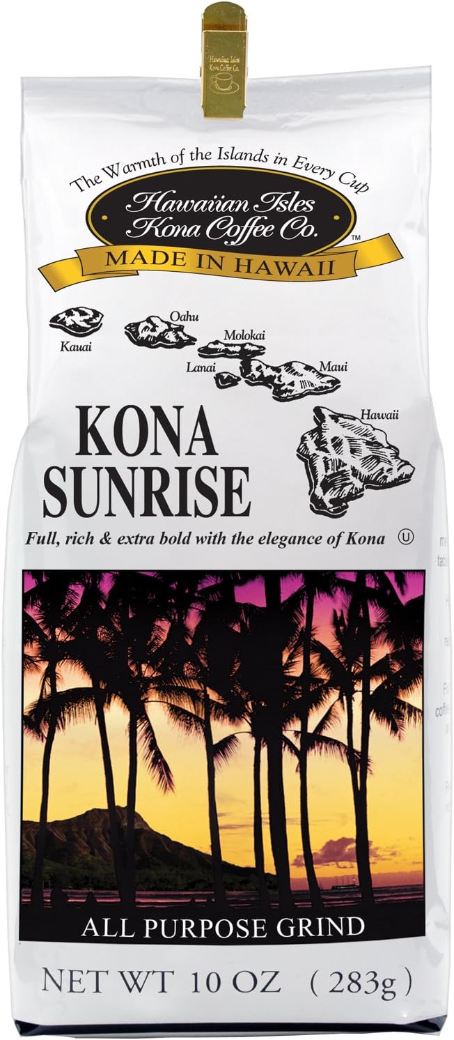 Hawaiian Isles Kona Coffee Co. Kona Sunrise Ground Coffee, 10 ounce bag