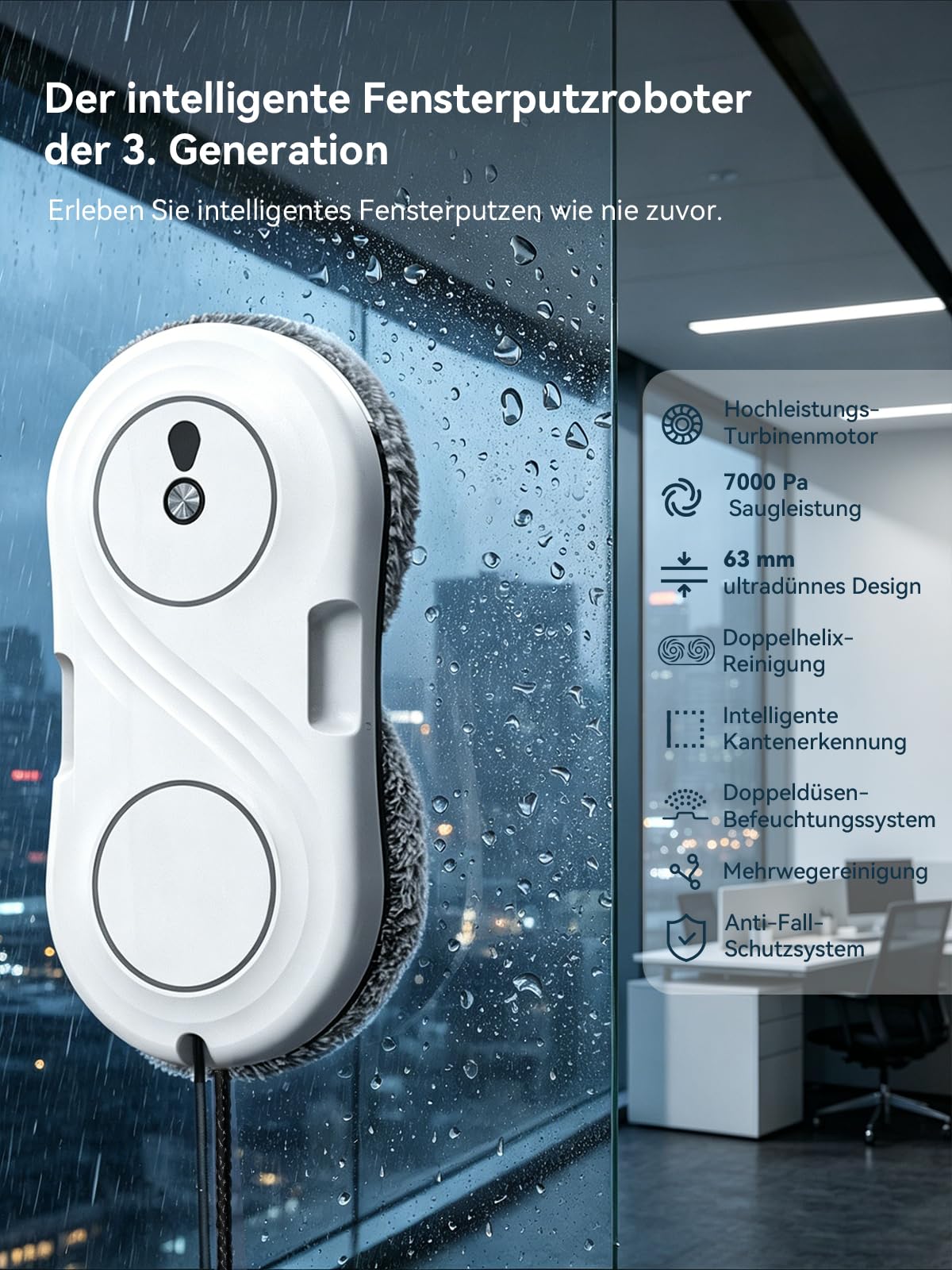 Keero Fensterputzroboter, 7000 Pa Saugkraft, Elektrischer Fensterreiniger Roboter mit Turbinenmotor, Doppelhelix-Reinigung, Ultradünn, Window Cleaning Robot, 10 Reinigungstücher, Modell WD12D